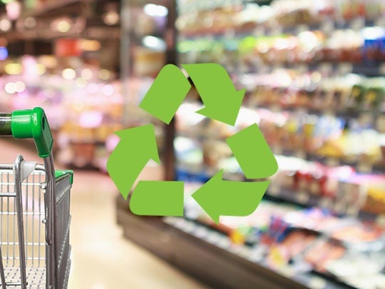 picture of supermarket with trolley and symbol of recycling on top