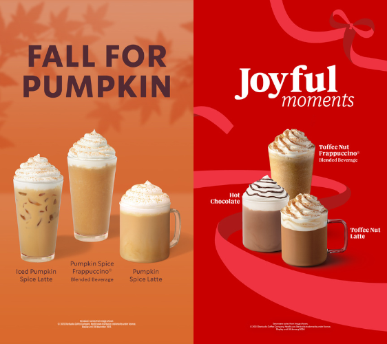 Two seasonal drink collections: Fall for Pumpkin with three pumpkin spice drinks, and Joyful Moments with three toffee nut an