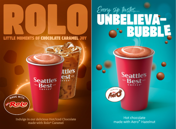 Two Seattle's Best Coffee hot chocolate drinks, one with Rolo caramel flavor and one with Aero hazelnut flavor