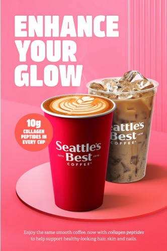 Two Seattle’s Best Coffee cups—hot latte and iced coffee—promoting collagen peptides for glowing skin, hair, and nails
