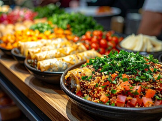Assorted fresh Mexican dishes including a quinoa salad, taquitos, and vibrant chopped vegetables on a wooden table.