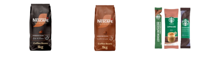 Packages of Nescafé Barista coffee beans and Starbucks instant coffee sticks in various flavors and roasts.